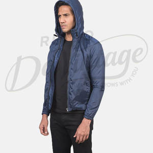 Veste à capuche légère bleu marine pour homme, coupe ajustée, coupe-vent, fine, décontractée, zippée, pour le printemps - Product Image 3