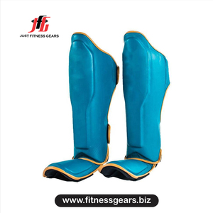 Espinilleras de Boxeo de Material PU, Equipo de Protección Duradero para Entrenamiento de Artes Marciales, Unisex, Azul con Detalles Dorados - Product Image 1