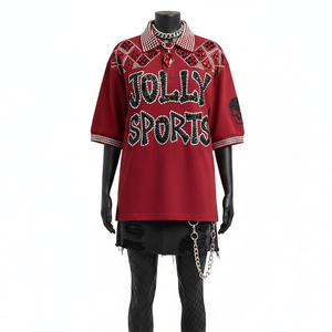 เสื้อโปโลผู้หญิงทรงโอเวอร์ไซส์ ระบายอากาศได้ดี ผ้าคอตตอนผสมโพลีเอสเตอร์ GSM หนา สีแดงเลือดหมู ตัดเย็บแบบแผง ลายคริสตัล พิมพ์ลายตามสั่ง เสื้อโปโลผู้หญิง - Product Image 6