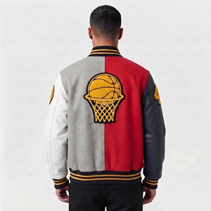 Veste universitaire personnalisée pour homme, bicolore, rouge et gris, avec manches en cuir PU, patch en chenille, col rabattu, style décontracté pour l'automne - Product Image 3