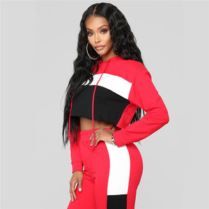 Women's <b>Red</b> Hooded Tracksuit Color Blocking Full Length Three Quarter Sleeve Sporty Autumn Side Pockets Polyester <b>Material</b> - Product Image 3