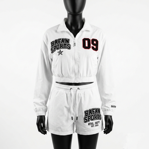 Premium 120 GSM Polyester Taslon Women <b>White</b> Cropped Windbreaker <b>Jacket</b> Short Set Custom Logo - Product Image 1