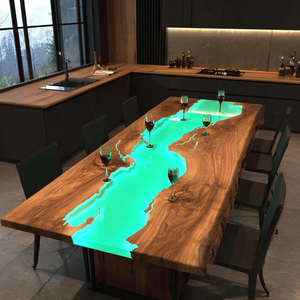 Mesa de Comedor Rectangular de Madera de Acacia con Borde Natural y Resina Epoxi, Hecha a Mano, de Madera Sólida, Regalo de Lujo para Diwali - Product Image 5