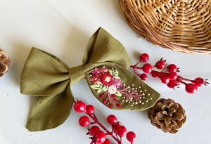 Handmade Embroidered Floral Hair Bow & Clip <b>Set</b> for Girls Pink <b>Linen</b> Hair Accessories Collection Boutique Comfortable Hair Bows - Product Image 5