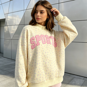 Nueva Sudadera Oversize para Mujer con Cuello Alto, Estampado Floral, Letras Rosas, Estilo Deportivo, 100% Algodón Tejido, Manga Larga, Estilo Otoñal - Product Image 4