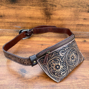 Tooled Leather Fanny Packs for <b>Women's</b> Wholesale Cowhide Leather Vintage Bum <b>Bag</b> Western Brown Floral Pattern Leather <b>Belt</b> <b>Bags</b> - Product Image 2