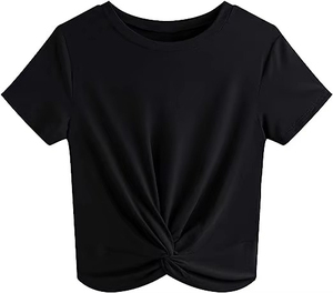 <b>Top</b> Quality Women <b>Crop</b> <b>Top</b> T-Shirt Short Sleeve Crew Neck Solid Color Knitted Casual Wear Spring Summer Cheap price OEM - Product Image 2