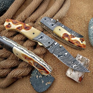 Damascus Steel Drop Point Folding <b>Knife</b> With <b>Bone</b> <b>Handle</b> And Thumb Knob Pocket <b>Knife</b> For Hunting Outdoor Use - Product Image 1