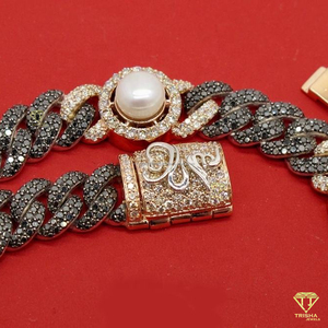 Cadena Cubana de Plata de Ley 925 con Perlas de Agua Dulce Grandes y Diamantes de Moissanita Negra VVS Estilo Hip Hop para Hombre - Product Image 4