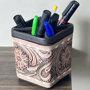 Support de bureau rond en cuir véritable fait main, gravé à la main, pour stylos et crayons, style occidental, pour la vente en gros - Product Image 4