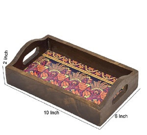 Bandeja pequeña de madera con base impresa a color, diseño artesanal elegante, perfecta para servir té, café y aperitivos, tamaño 10x6x2 pulgadas - Product Image 1