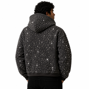 Sudadera con capucha informal de lujo para hombre, con gemas, extragrande, con cremallera, estilo bling, chaqueta premium con pedrería termoadhesiva, proveedor de fábrica OEM ODM - Product Image 2