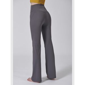 High Waist <b>Flared</b> Leg Yoga <b>Leggings</b> Full Length Seamless Stretchy Solid Color Women's Workout Pants Gray - Product Image 6
