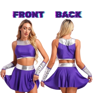Costume de Cheerleader Anime pour Femmes, Uniforme de Cosplay de Football |   Ensemble de trois pièces : Crop Top Métallique, Jupe Évasée et Gants Sans Doigts – Vente en Gros - Product Image 4