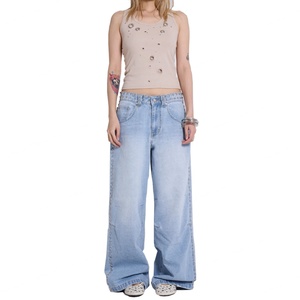 Vaqueros de mezclilla de cintura alta y pierna ancha para mujer, estilo casual, holgados, de algodón lavado a la piedra, estilo vintage, largos, con detalles de remaches, azules. - Product Image 1