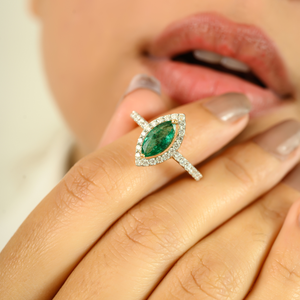 18K Solid Gold Marquise Emerald Diamond Halo Wedding <b>Ring</b> <b>Resizable</b> - Product Image 3
