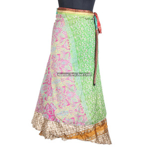 กระโปรงยาวแบบพันสองชั้นผ้าไหมส่าหรีวินเทจไซส์พลัสแบบใหม่ สไตล์อินเดีย ทำมือ เอวธรรมชาติ - Product Image 2