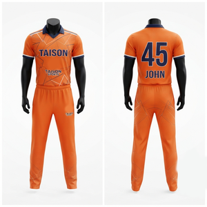 Uniforme de Cricket para Hombre, Tela Interlock de Poliéster de 180 GSM, Paneles Laterales Cortos con Estampado Digital Naranja y Azul Marino, Logotipo, Nombre y Número del Equipo Personalizados - Product Image 5