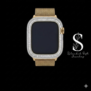 Boîtier de protection entièrement orné de zircone baguette et de diamants de laboratoire en or jaune pour Apple Watch Series, unisexe et tendance - Product Image 1