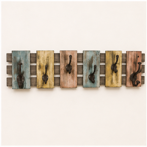 Porte-manteau mural vintage en bois massif coloré avec 6 crochets métalliques durables, style industriel rustique, décoratif pour entrée et clés - Product Image 3