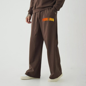 Pantalones de chándal anchos marrones de cintura media con cordón, de algodón, de largo completo, ajuste holgado, con logo bordado en la pierna derecha, estilo otoño. - Product Image 2