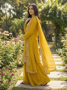 Traje Palazzo de Georgette Sintética de Alta Calidad con Bordado y Dupatta para Mujer, Ideal para Bodas y Fiestas, Estilo Pakistaní - Product Image 4