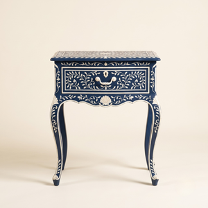 Luxury French Style Navy Blue Bone Inlay Nightstand 1 Drawer Floral Handmade <b>Bedside</b> <b>Table</b> for Luxury Living Unique Nightstand - Product Image 1