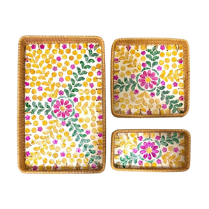 Juego de bandejas de lujo de ratán con nácar para frutas y pan, con patrón floral colorido, para comedor, café y té, al por mayor - Product Image 1