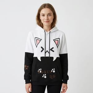 Sweat à capuche pour femme avec motif de chat de dessin animé, noir et blanc, manches régulières, vêtements d'hiver, coton + polyester, respirant, avec poches - Product Image 5