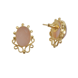 Boucles d'oreilles vintage plaquées or avec pierre ovale en quartz rose pour femmes - Product Image 3