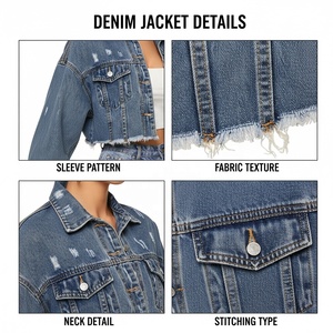 Custom Logo Cropped Denim <b>Jacket</b> <b>Women</b> Raw Hem Distressed Vintage Blue Wash <b>Crop</b> <b>Jean</b> <b>Jacket</b> Wholesale Streetwear - Product Image 6