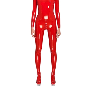 Mono largo rojo de PU para mujer, cuello alto, manga larga, cintura alta, ajustado, elástico, estilo bodycon, ropa de club - Product Image 3