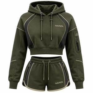 Women's 2 Piece Breathable Solid Hooded Sports Set Full Sleeve Crop <b>Top</b> Shorts Pockets Regular Fit Spring Summer Eco-Friendly - Product Image 6