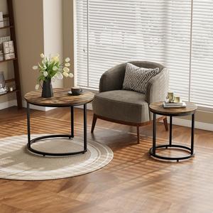 Juego de 2 mesas de centro redondas con tablero de madera rústica y patas ajustables antideslizantes para el hogar, jardín y otros lugares - Product Image 3