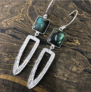 Dainty Blue Flash Labradorite Gemstone Drop <b>Earrings</b> <b>Solid</b> 925 Sterling <b>Silver</b> Textured Chevron Dangles For Women - Product Image 2
