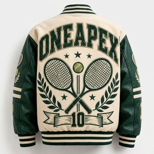 <b>Men's</b> <b>Cream</b> Green Custom Baseball Letterman <b>Jacket</b> Wool Body Leather Sleeves Embroidered Team Bomber <b>Jacket</b> Manufacturer - Product Image 2