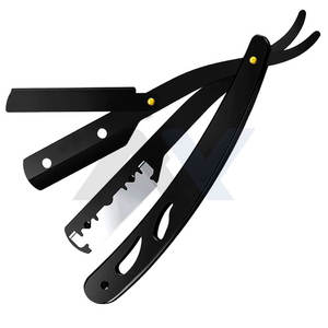 Navaja de afeitar de barbero personalizada con funda de cuero, negro mate, con su logotipo, para salón, de cuchilla recta con bloqueo de seguridad, para afeitado masculino - Product Image 1