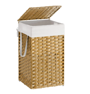 Natural Water Hyacinth Woven Laundry Storage <b>Basket</b> <b>With</b> <b>Lid</b> And Handles Rectangle Rustic Style - Product Image 1
