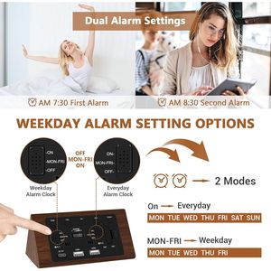 Sveglia Digitale in Legno 12/24H con Dimmer 0-100%, 2 Impostazioni di Allarme (Modalità Giorno Settimanale/Quotidiana), Snooze 9 Minuti, Temperatura, da Scrivania/Tavolo - Product Image 1