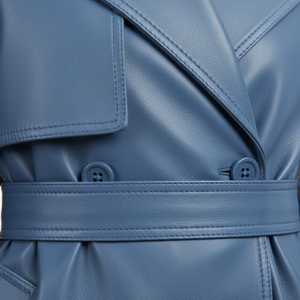 Women'<b>s</b> Blue Genuine Leather <b>Trench</b> <b>Coat</b> Long Sleeve Turn-down Collar Belted Minimalist Style Autumn Wear - Product Image 5