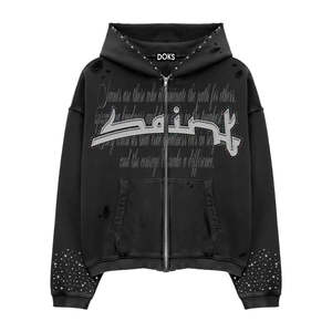 Sudadera con capucha de algodón 100% para hombre, personalizada, de invierno, gruesa, de felpa francesa, con cremallera completa, con logotipo y pedrería, estilo urbano deslumbrante. - Product Image 5