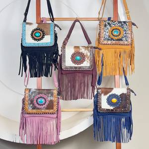 Bolso Bandolera de Cuero Genuino con Flecos y Solapa de Piel de Vaca, Estilo Bohemio Occidental, con Piedra Turquesa, para Mujer, 2026 - Product Image 4