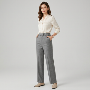 Pantalon droit élégant taille haute pour femme, couleur unie, en polyester tissé respirant, taille élastique, anti-plis, 220g, idéal pour le bureau - Product Image 6