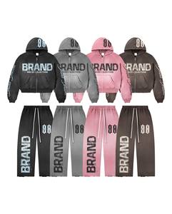 Ensemble de survêtement BRAND à capuche avec fermeture éclair, manches longues, collection hiver, vêtements décontractés pour adultes, unisexe, 100% coton, imprimé avec des lettres - Product Image 1