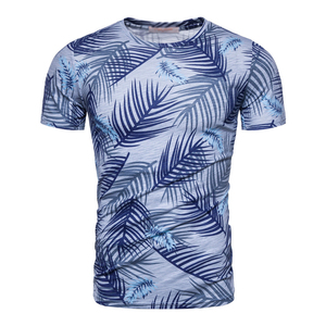 Men's Slim Fit Short Sleeve T-Shirt With Blue Palm <b>Leaf</b> Print O-Neck Casual Breathable Knitted Polyester Top - Product Image 1