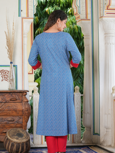 Womens Blue Rayon Geometric Printed A Line Kurta With Round Neck <b>Three</b> Fourth Sleeves Designed For Global Ethnic Casual Wear - Product Image 5