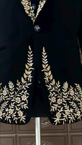Men’s Black Embroidered Tuxedo <b>Blazer</b> – Designer Wedding Suit with Gold Floral Embroidery & Shawl Lapel - Product Image 4