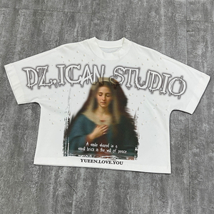 T-shirt ample à épaules tombantes avec perles et strass, style streetwear, personnalisable avec logo imprimé, vente en gros - Product Image 3