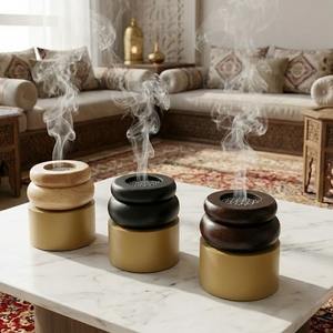 Brûleur à Bakhoor en Bois de Luxe Zen, Base Cylindrique Dorée, Mabkhara Moderne Ronde en Bois pour Encens Oud, Décoration Maison Yoga, Coffret Cadeau Ramadan - Product Image 1