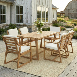 Ensemble de table à manger d'extérieur moderne avec chaises rembourrées, finition teck, meubles de jardin - Product Image 1